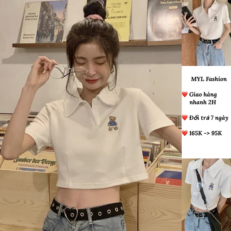 Áo thun croptop myl.fashion, áo kiểu croptop có cổ cộc tay thêu hình gấu