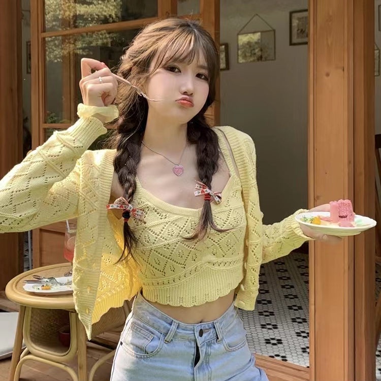 Bộ Áo Khoác cardigan Dệt Kim Phối Áo Hai Dây Thời Trang Mới Cho Nữ