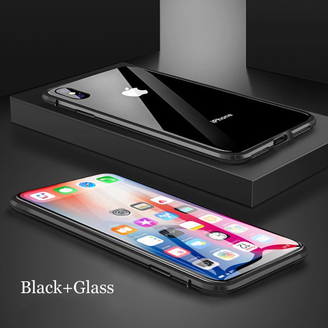 Ốp điện thoại mặt kính viền kim loại có nam châm 2 mặt bảo vệ toàn diện cho Iphone X / Xs / Xs Max / XR / 6 6s 7 8 Plus