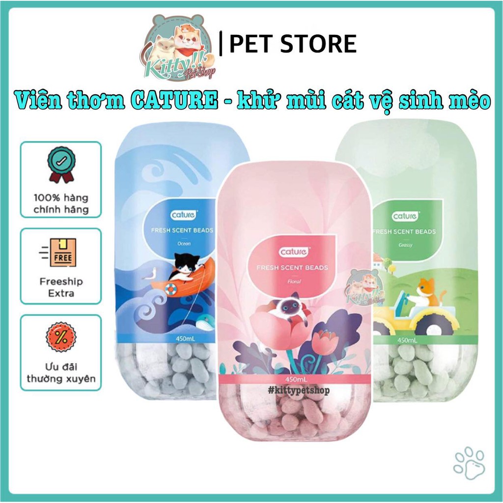 450ml -  Hạt khử mùi Cature, viên thơm làm giảm mùi hôi cát vệ sinh dành cho mèo, nhiều hương - Kitty Pet Shop BMT