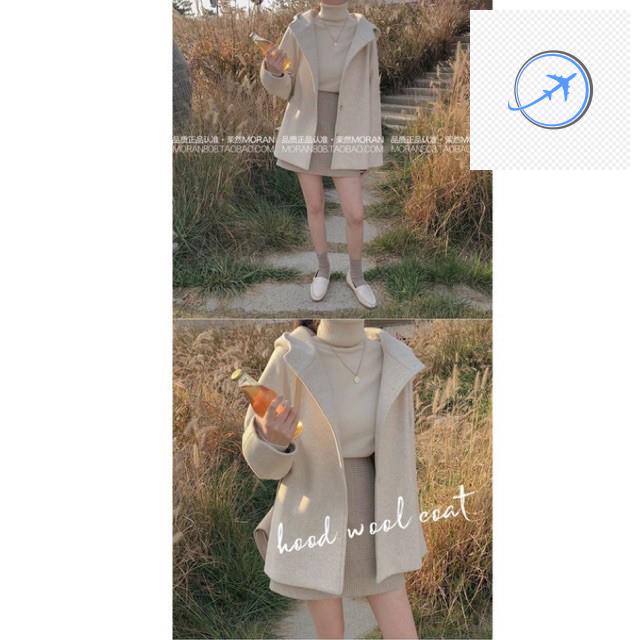 Set chân váy kẻ chữ A và áo khoác dạ có mũ ullzang