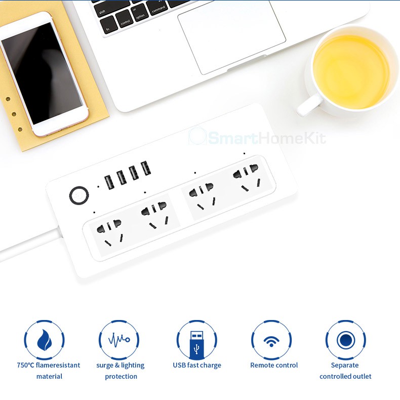 Ổ cắm nối dài thông minh Wifi Tuya - tắt bật 4 ổ độc lập, hỗ trợ Google và Alexa