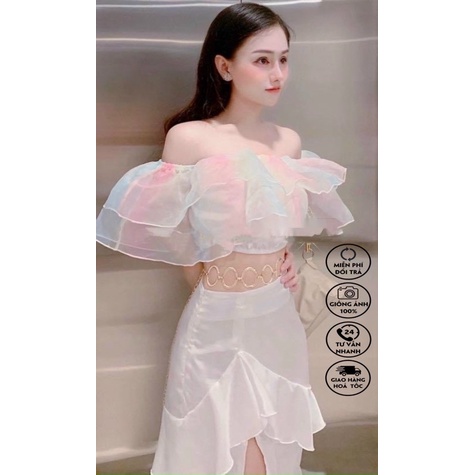 Áo trễ vai bèo phối voan cầu vồng.có hình và video thật