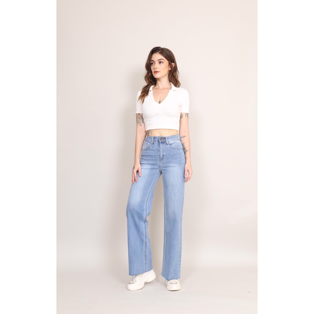 Quần jean nữ ống rộng cạp cao co giãn gấu tự do gấu dáng dài CT JEANS