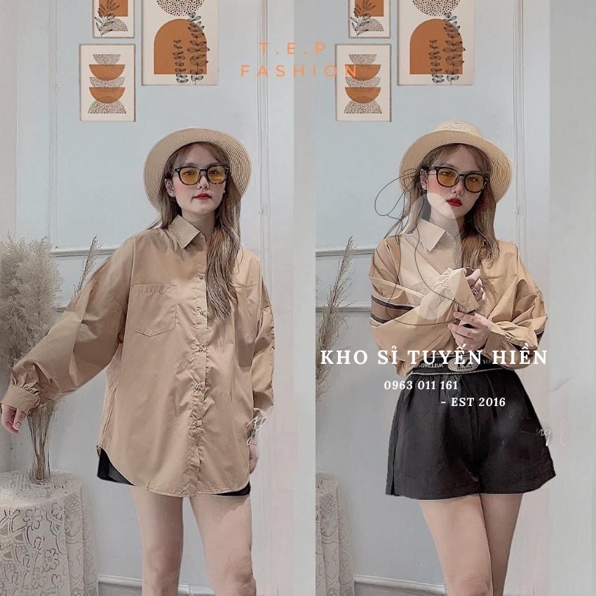✨BÁN SỈ✨ ÁO SƠ MI NỮ - Kho Sỉ Tuyến Hiền - Áo Sơ Mi Nữ FROM RỘNG TAY PHỐI ĐEN MÀU NÂU ASMD008