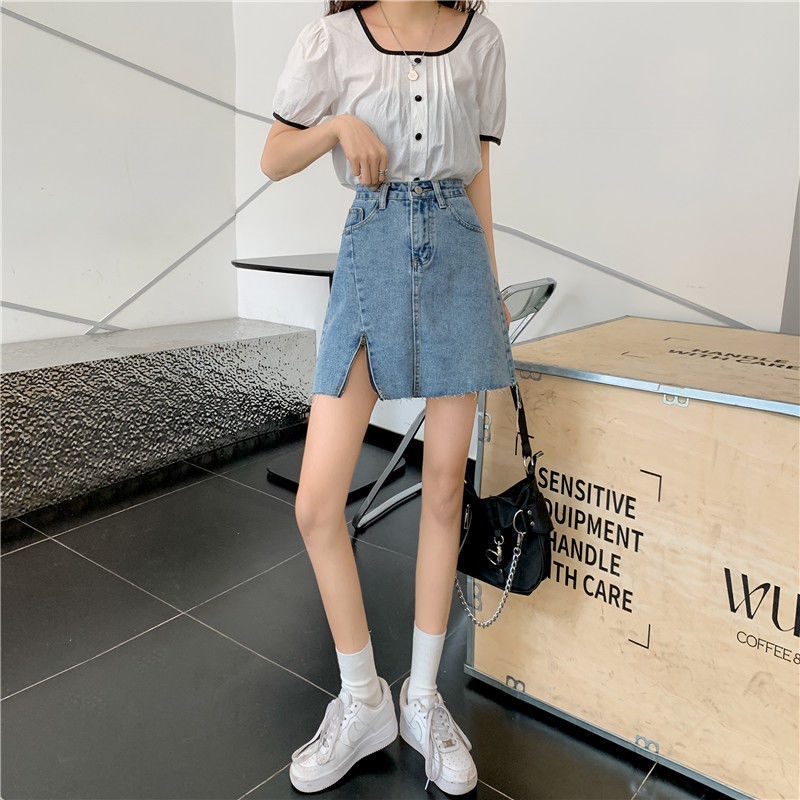 SUXI Chân váy jean Chữ A Lưng Cao Màu Sắc Đơn Giản Phong Cách Vintage