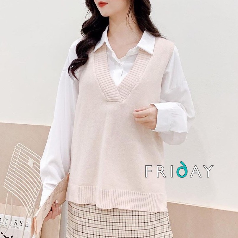 Áo len gile trơn 2 mầu kem và nâu tây phong cách ulzzang Hàn Quốc phù hợp mùa thu Fridayshop | BigBuy360 - bigbuy360.vn