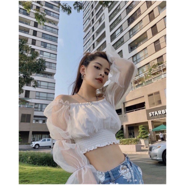 Áo Trễ Vai Voan Kiếng Nhún Croptop Hở Vai Tay Dài Phồng Bo Thun Nữ Xinh Như Hotgirl Chipu DRACR05 Mys hitshop