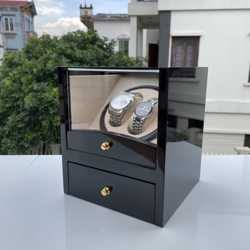 Hộp xoay 2 đồng hồ có ngăn kéo - ĐEN BÓNG SƠN MÀI CAO CẤP - Duy trì tích trữ cót đồng hồ cơ