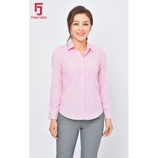 Áo sơ mi nữ tay dài Thái Hòa họa tiết kẻ sọc đứng to - Màu đỏ hồng - 640-10