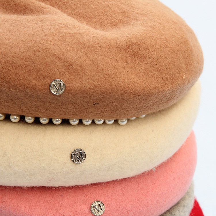 Nón Nồi Len Beret Viền Chuỗi Hạt Khuy Chữ Korea Style