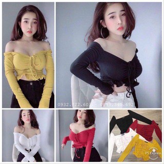 Áo kiểu rút dây trễ vai croptop tay dài (Kèm ảnh thật)