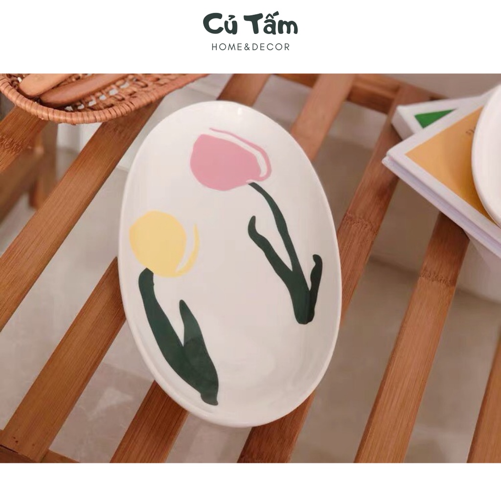 Đĩa sứ hình elip họa tiết hoa tulip, đĩa đựng đồ ăn phong cách Hàn Quốc - cutam.homedecor