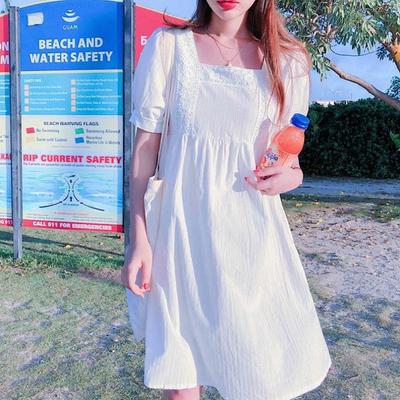 X2 Babydoll trắng cổ vuông viền ren váy bầu bì dự tiệc kỷ yếu (kèm hình thật) tasa