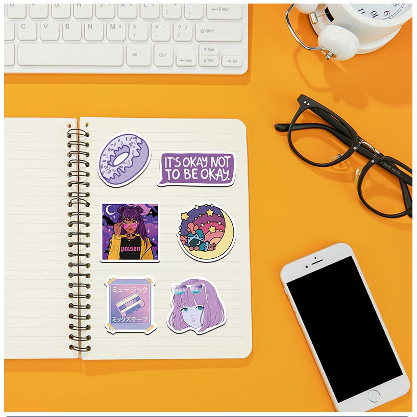 Set 50 miếng dán từ vinyl chống thấm nước họa tiết hoạt hình tông màu tím | BigBuy360 - bigbuy360.vn