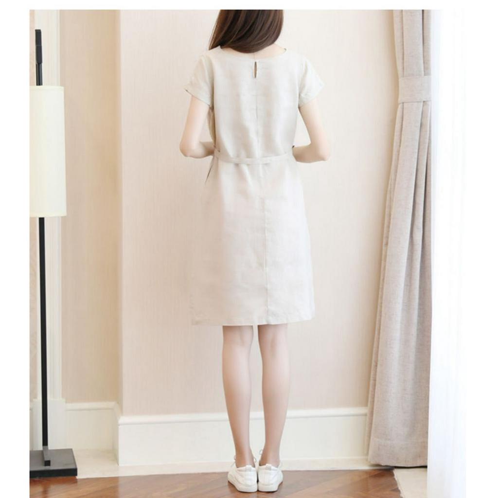 Đầm suông LINEN cổ tròn dáng basic, màu be sáng da, phong cách nhã nhặn xinh