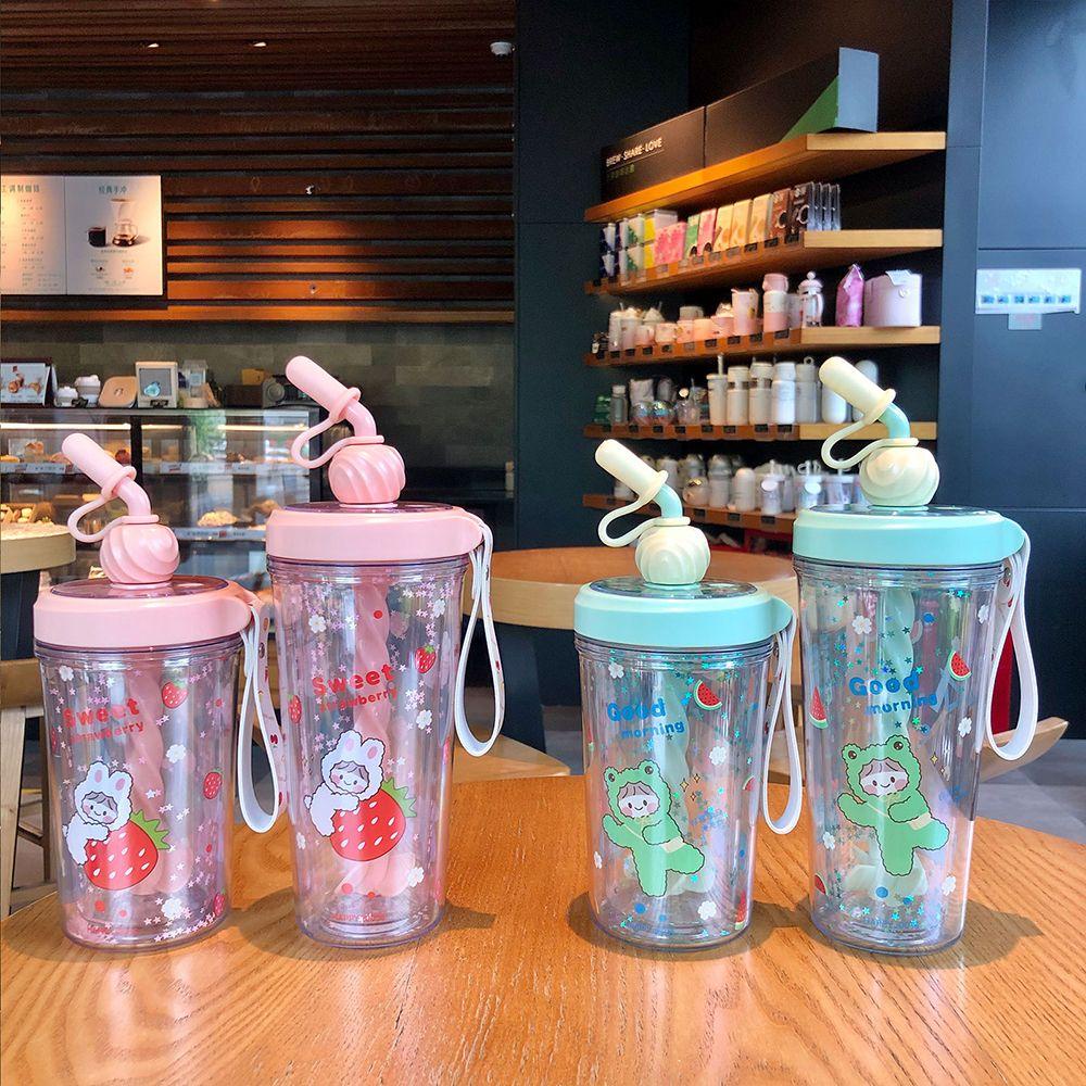 KUNHEV Cốc Nhựa Uống Nước Chống Bụi Có Ống Hút In Hoa Mẫu Đơn Dễ Thương Sáng Tạo