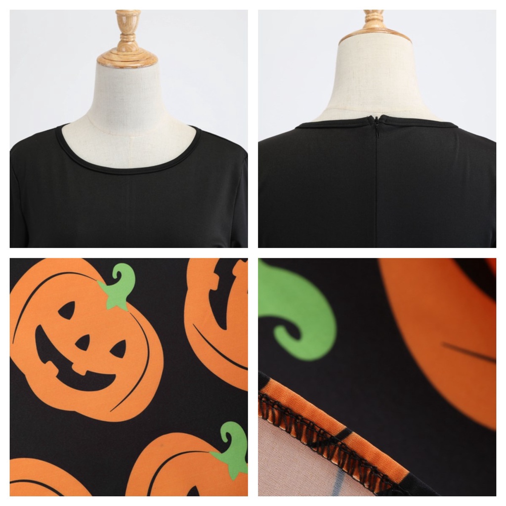 Đầm Xòe Tay Dài Cổ Tròn Màu Đen In Họa Tiết Bí Ngô Halloween Thời Trang Thu Đông Cho Nữ