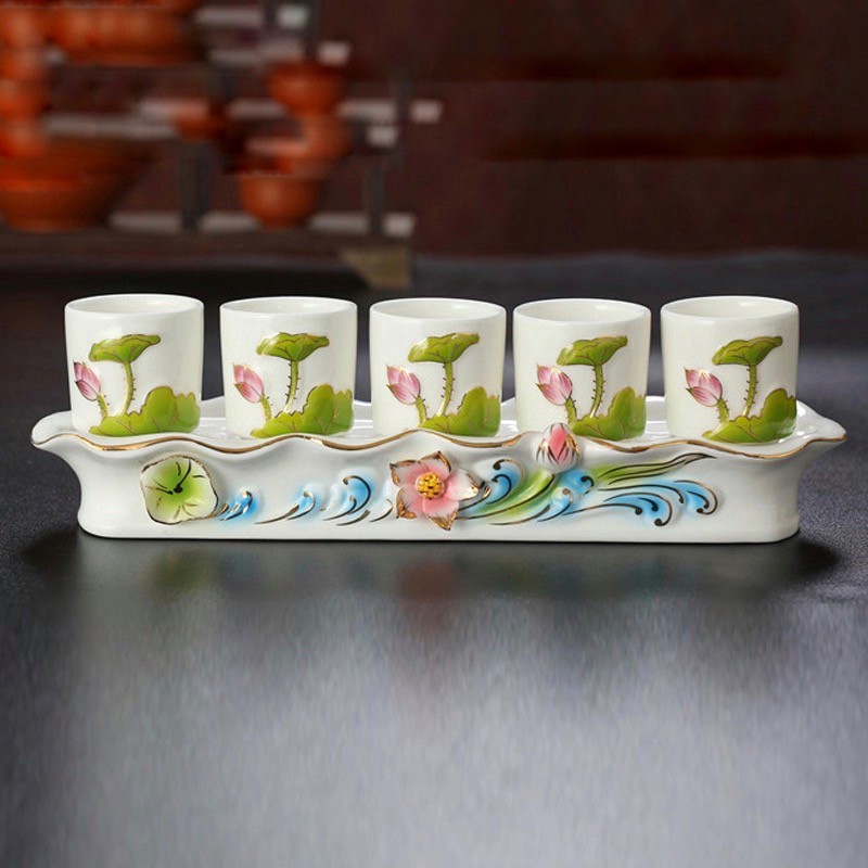 Bộ ly nước thờ cúng kim sen xanh, bộ 3 ly thờ gia tiên, bộ 5 ly thần tài, thờ Phật cao cấp
