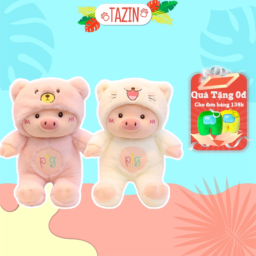 Gấu bông heo lợn mũ gấu HT, heo lợn bông chữ pig cao cấp TAZIN