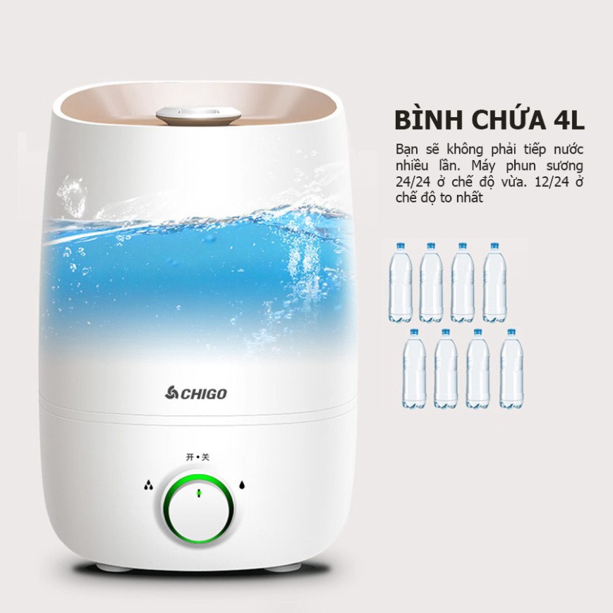 Máy phun sương chính hãng Chigo, máy tạo ẩm không khí dung tích 4000ml sử dụng lên đến 10 tiếng