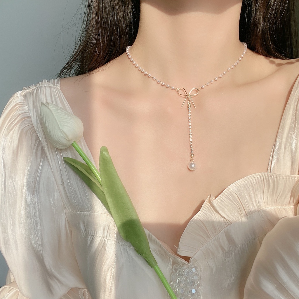 vòng cổ Choker Đính Nơ Ngọc Trai Thời Trang Dành Cho Nữ