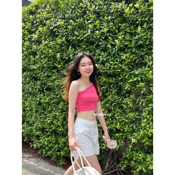 Áo Croptop Lệch Vai Kiểu Ôm Co Dãn Màu Hồng Hot Pink Mùa Hè