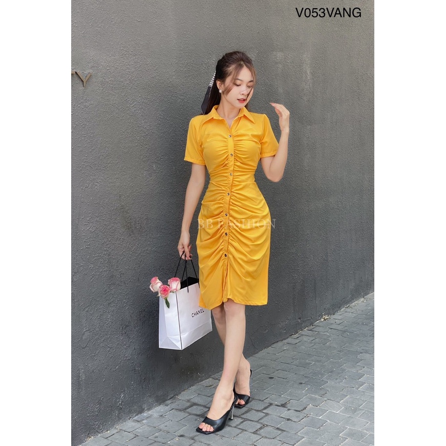 Váy sơ mi nữ cộc tay dáng dài nhún thân trước, Đầm sơmi nữ hàng thiết kế chất lụa 100D cao cấp V053 | BigBuy360 - bigbuy360.vn