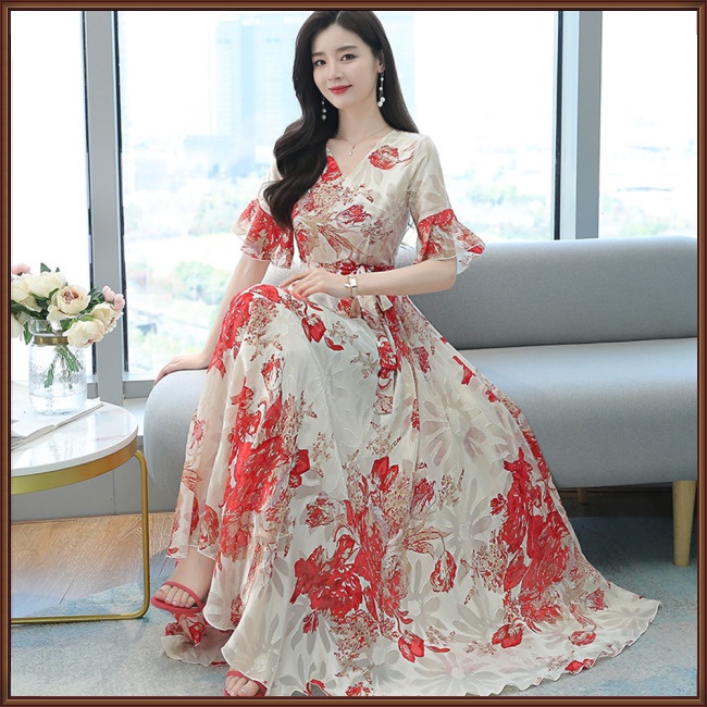 Đầm Dài Cổ Chữ V Tay Ngắn Họa Tiết Hoa Thời Trang Cho Nữ