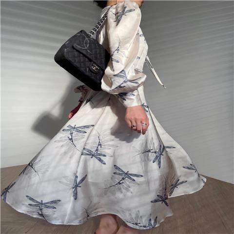 Đầm Lụa satin Cao Cấp Tay Phồng Dài In Họa Tiết Phong Cách Pháp Thời Trang Mùa Thu Cho Nữ
