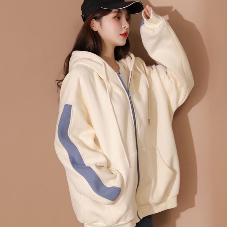 【Yuki】Áo nỉ sọc tay có mũ trùm đầu phong cách Hàn Quốc