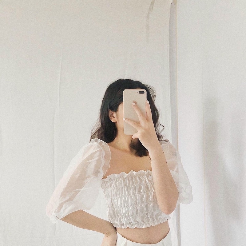 Áo croptop phối voan kiến tay phồng bo nhún co giản tốt Hình tự làm mẫu, tự chụp 100%