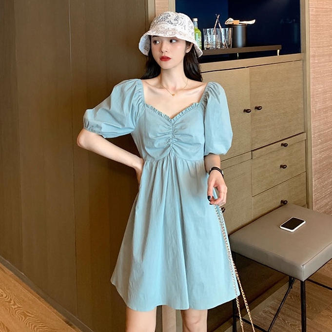 Đầm Tay Ngắn Phồng Xếp Ly Ôm Eo Phong Cách Mới Mùa Hè Dễ Phối Đồ Cho Nữ