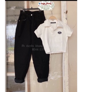 Set baggy jeans đen +crop petter thêu logo