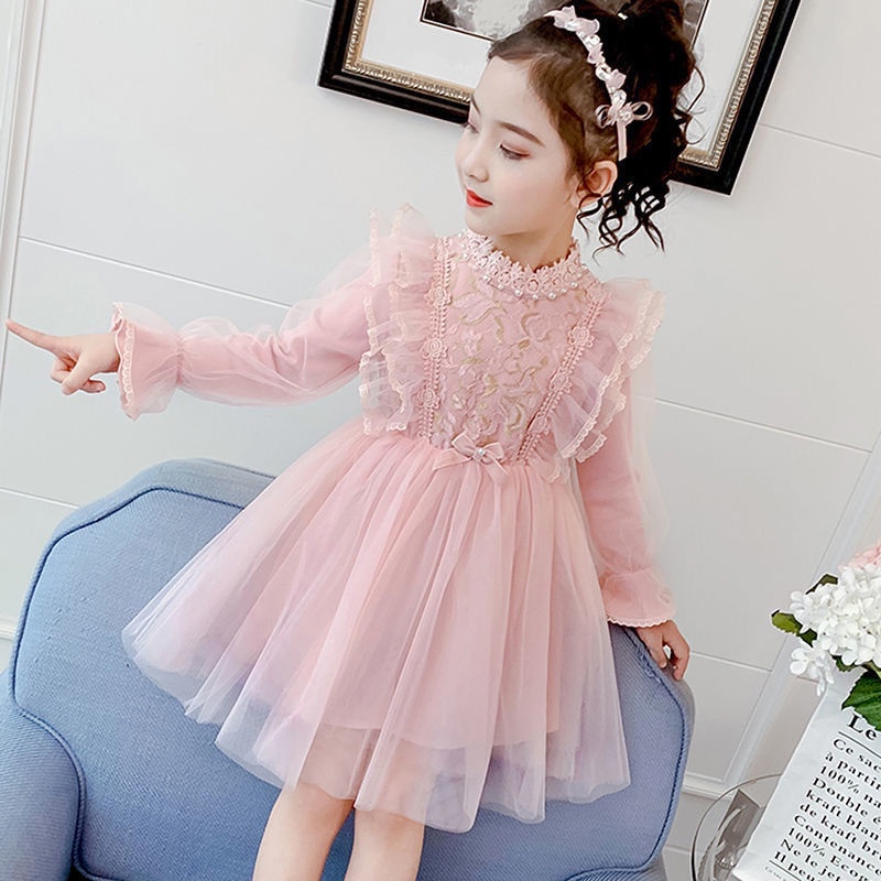 Đầm Phối Lưới Thời Trang Thu Đông Cho Bé Gái 3-14 Tuổi