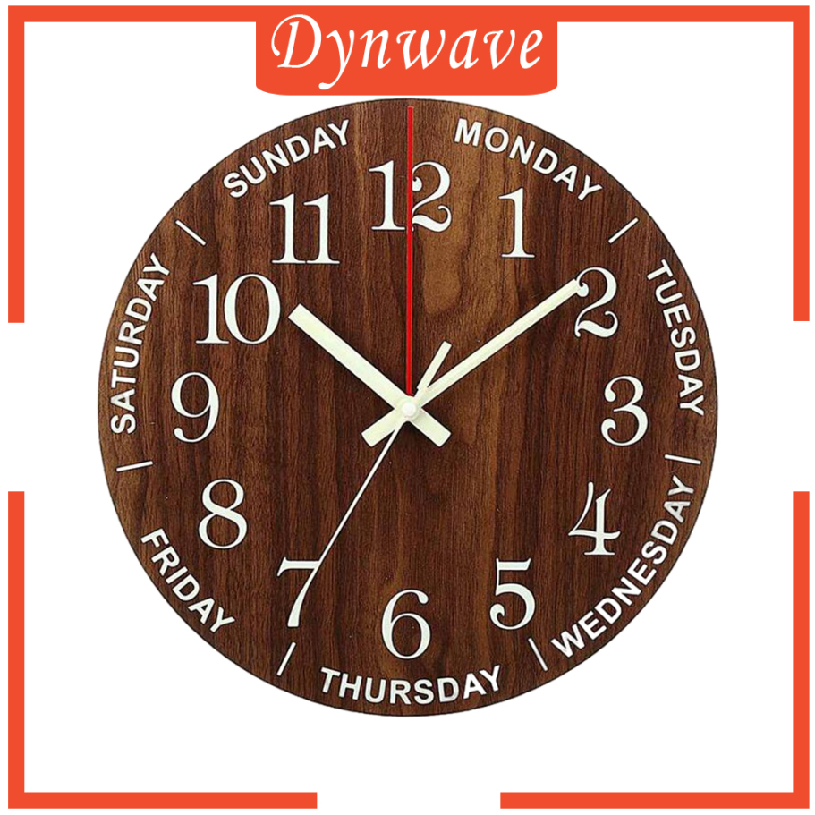 [DYNWAVE]Wooden 12'' Wall Clock Silent Hotel Glow in the Dark Bedroom Wall Clocks