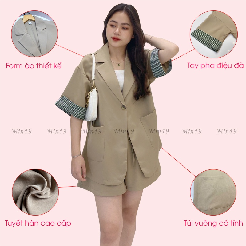 Sét Đồ Nữ MIN19 Sét Vest Nữ Gồm Áo Blazer Công Sở Hàn Quốc 1 Lớp Form Rộng Tay Lỡ Phối Quần Short Ngắn Thời Trang