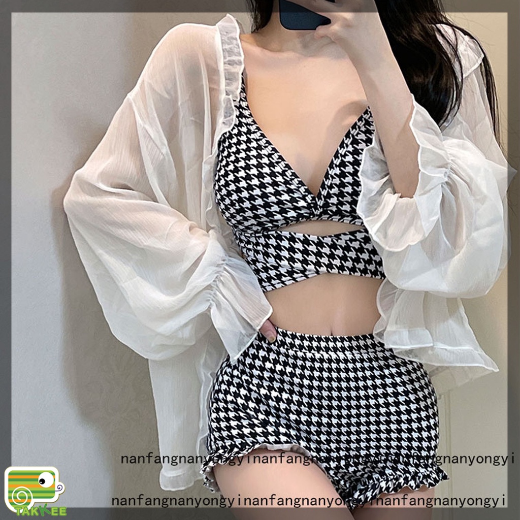 Đồ Bơi, Bikini 3 Mảnh Kèm Áo Khoác Ngoài Họa Tiêt Răng Sói Siêu Sang Hàng Quảng Châu Cao Cấp