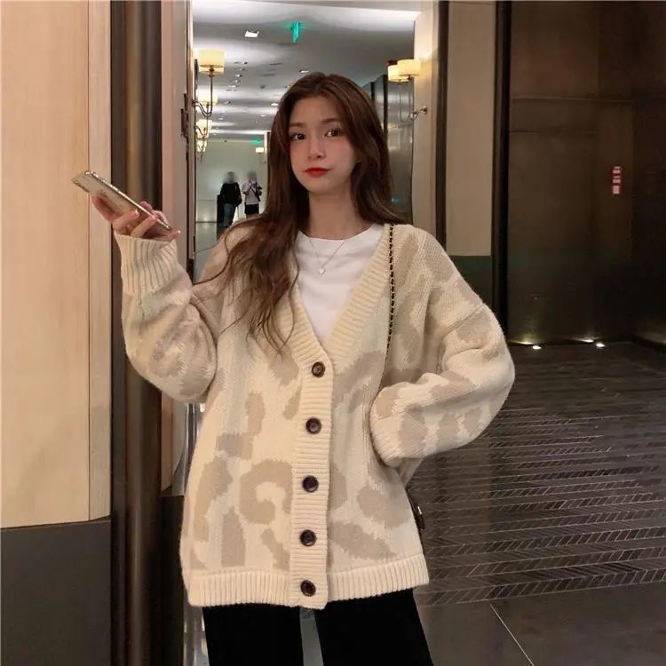 Áo Khoác Cardigan Dệt Kim Dày Dặn Họa Tiết Da Báo Phong Cách Hàn Quốc Thời Trang Xuân Thu Mới Cho Nữ