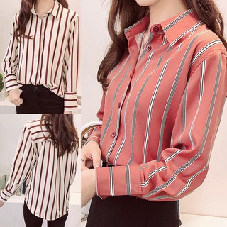 Áo sơ mi nữ tay dài họa tiết sọc dọc thời trang phong cách Hàn Quốc