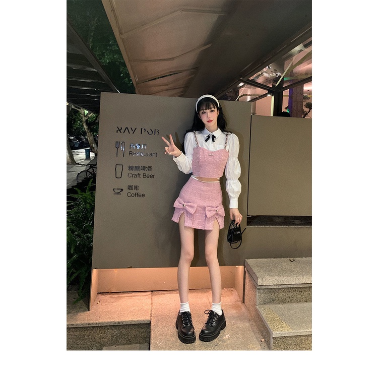 Set Đồ Gồm Chân Váy Lưng Cao Đính Nơ Màu Hồng Nhỏ Phong Cách Preppy Dễ Phối Đồ Thời Trang Mùa Hè Mới