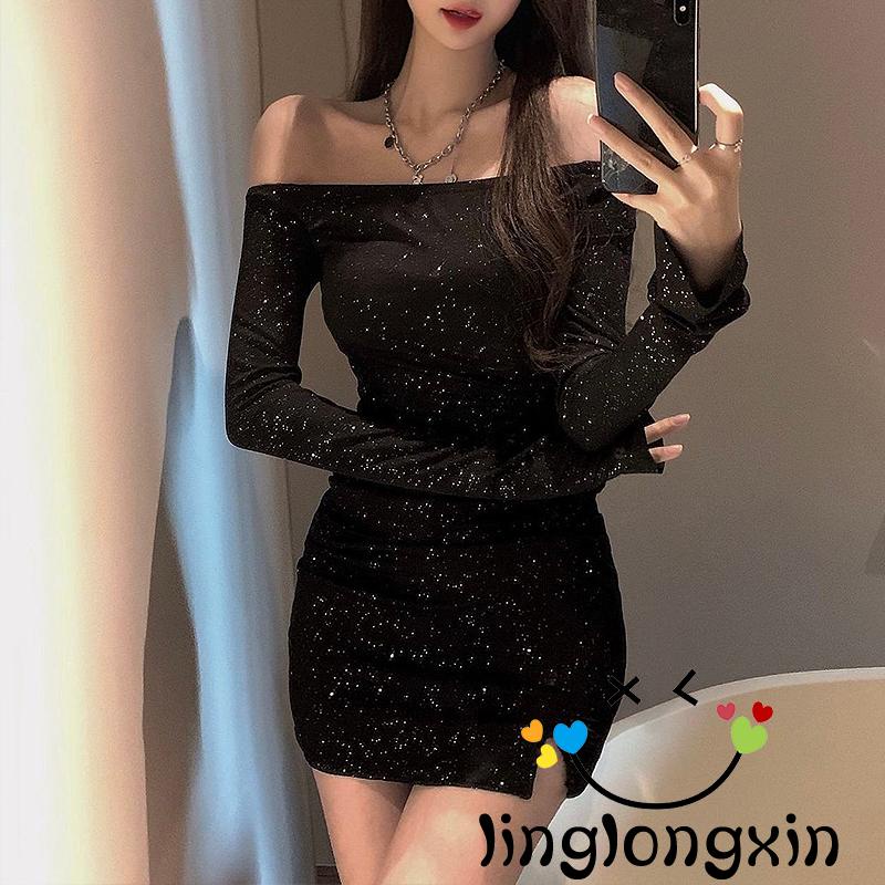 Linglongxi2-đầm Quấn Tay Dài Hở Vai Màu Đen Đính Đá Trang Trí Dành Cho Nữ Size S / M / L / XL / XXL