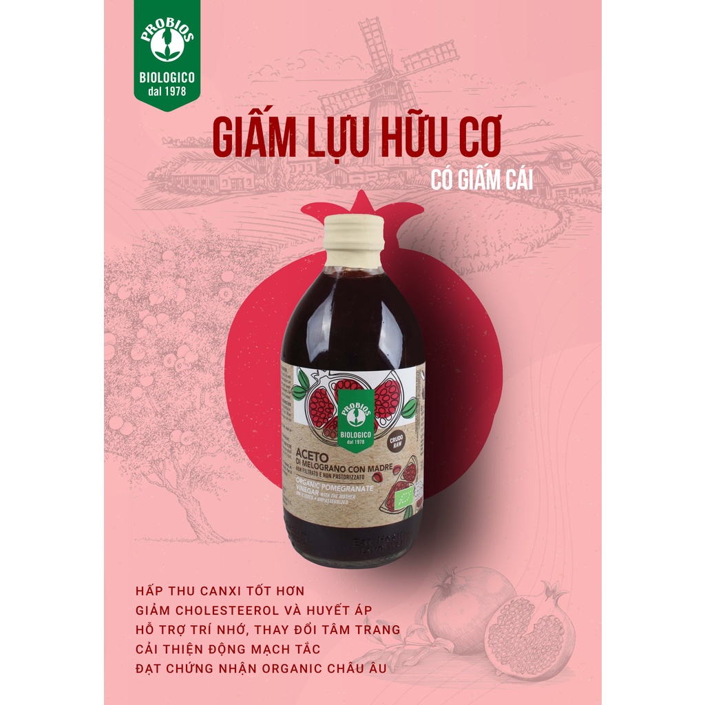 Giấm Lựu Hữu Cơ Vị Mới Có Giấm Cái 500ml ProBios Organic Ăn Kiêng, Giảm Cân