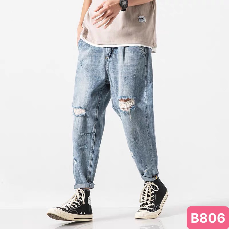 Quần jeans baggy nam ống rộng trơn rách gối màu xanh nhạt chất jean bò cao cấp co dãn 4 chiều from dáng suông đẹp