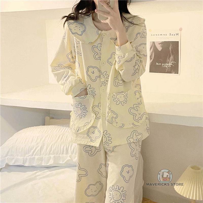 Bộ đồ ngủ tay dài cổ búp bê phong cách Hàn Quốc dễ thương thời trang mùa thu đáng yêu cho nữ