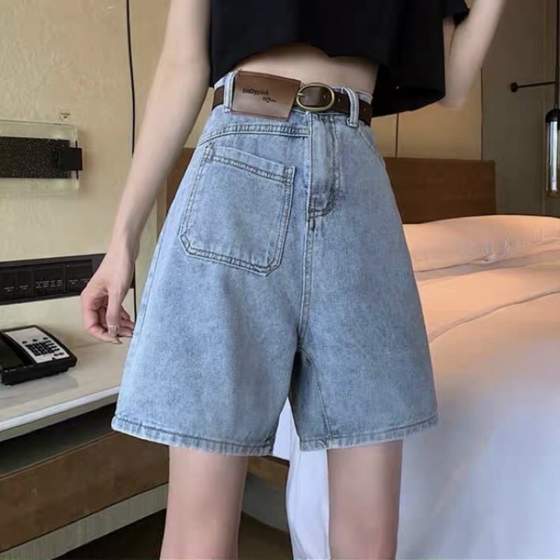 [Ảnh thật/Video]Quần ngố ống rộng tag da cạp cao cá tính , quần bò ngang đùi chất siêu đẹp JEANFANGU