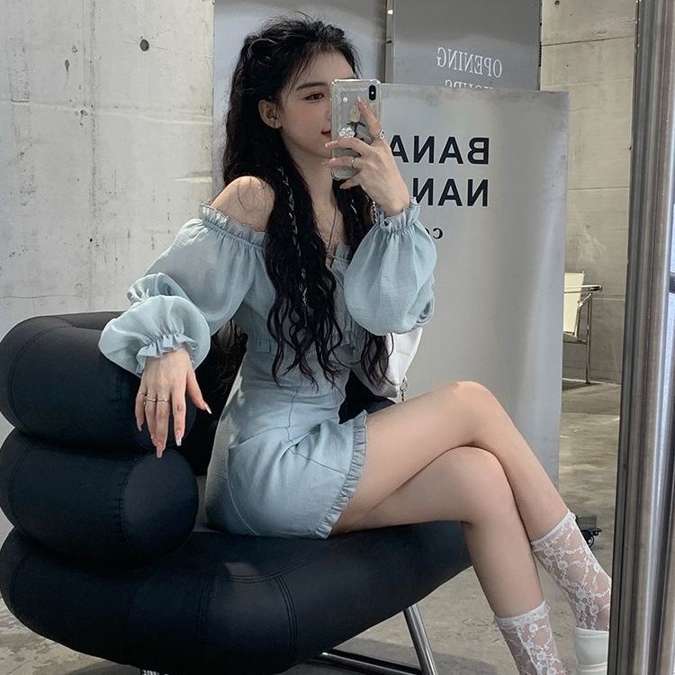 Đầm Trễ Vai Tay Phồng Ôm Dáng Thời Trang Mùa Thu Phong Cách Pháp Mới Cho Nữ