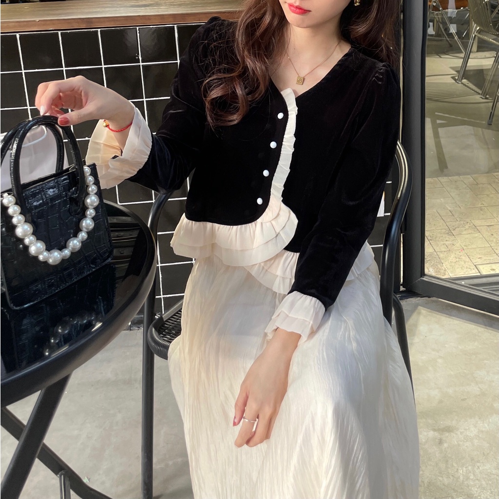 Set áo cardigan chất liệu nhung + váy lưng cao thời trang thu đông cho nữ (có bán lẻ)