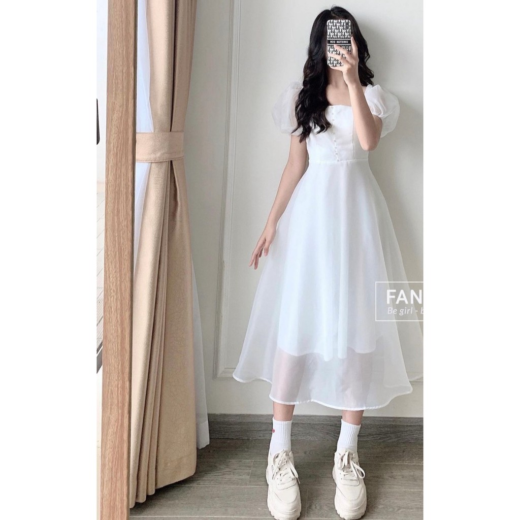 Đầm vay trắng công chúa hai lớp nhẹ nhàng yểu điệu - Là Nắng