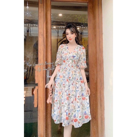 Đầm nữ in hoa chuồn chuồn. Từ 55kg Trở Xuống.